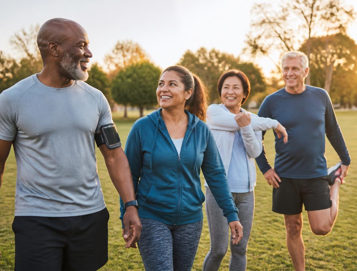 A racially diverse group of active seniors exercising outdoors at golden hour
